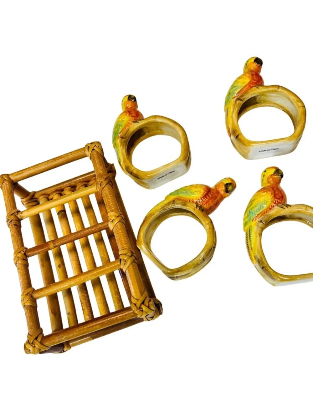 Retro 1980s Ceramic Parrot Napkin Rings & Bamboo Caddy Set MCM Tropical Decor